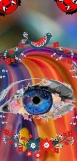 Vibrant abstract eye with colorful patterns and floral accents.