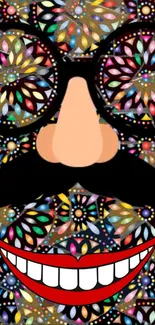 Colorful abstract face wallpaper with kaleidoscope patterns.