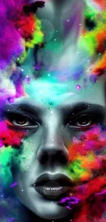 Abstract face art with colorful smoke clouds.