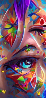 Abstract colorful face art with geometric patterns.