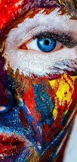 Vibrant abstract face with colorful paint.