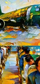 Vivid artistic airplane scene with passengers in abstract style.