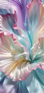 Abstract floral wallpaper with iridescent pastel petals in flowing design.