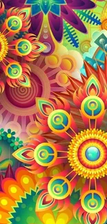 Colorful abstract floral wallpaper with geometric patterns.