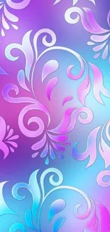 Vibrant abstract wallpaper with swirling floral patterns in blue, pink, and purple.