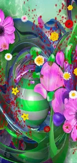 Colorful abstract floral wallpaper with purple flowers and green swirls.