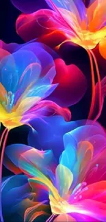 Vibrant abstract flower with neon colors on a dark background.