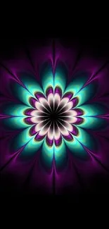 Abstract flower wallpaper with violet and teal colors on a black background.