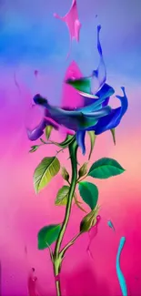 Abstract flower painting with vibrant purple hues and leaf details.