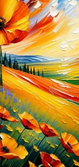 Vibrant abstract painting of a flower in an orange, yellow landscape.