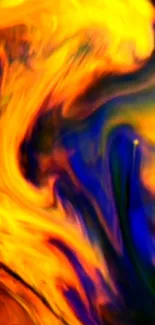 Vibrant abstract wallpaper with swirling orange and blue fluid art design.