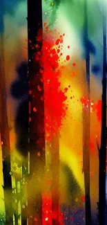 Vibrant abstract forest with watercolor splashes on a mobile wallpaper.