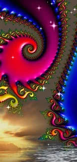 Vibrant fractal art with sunset and colorful abstract design.