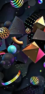 Colorful 3D abstract geometric wallpaper with vibrant spheres and pyramids.