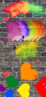 Colorful abstract head art on brick wall with hearts.