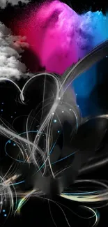 Abstract heart design with colorful powder bursts.