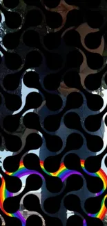 Abstract black pattern with rainbow heart design wallpaper.