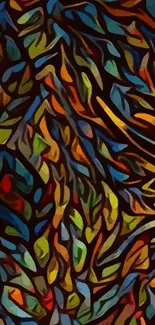 Colorful abstract leaf pattern wallpaper with earthy tones.