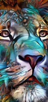 Colorful abstract lion art wallpaper with vibrant patterns.