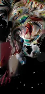 Colorful abstract lion with swirling colors on a dark background.