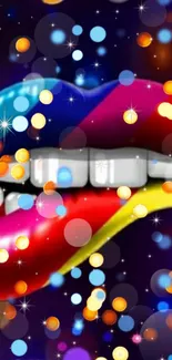 Colorful abstract lips with bokeh lights on a vibrant digital wallpaper.