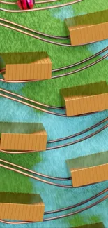 Abstract wallpaper with golden locks on a green-blue texture.