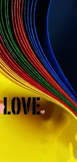 Colorful abstract wallpaper with 'Love' and vibrant yellow, blue, green, and red hues.