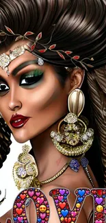 Colorful artistic portrait with jewelry and love theme.