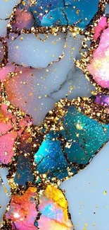 Colorful abstract marble wallpaper with gold accents.