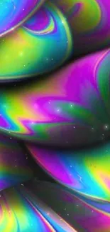 Vibrant abstract mobile wallpaper with neon purple and green swirls.