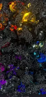 Vibrant abstract wallpaper with colorful shards and black spheres.