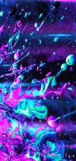 Vibrant abstract mobile wallpaper in neon purple, blue, and black.