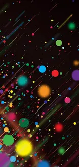 Colorful abstract mobile wallpaper with vibrant dots on a black background.