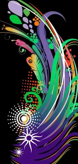 Vibrant abstract swirl on black mobile wallpaper.