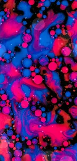 Vibrant neon fluid art in pink and blue swirls on black background.