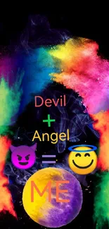 Colorful abstract wallpaper with devil and angel emoji art on a black background.