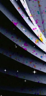 Abstract wallpaper with colorful curved lines and speckles.