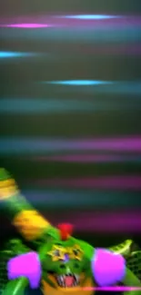 Vibrant abstract wallpaper with a green monster and neon streaks.