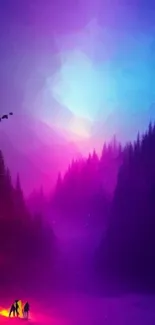 Vibrant abstract mountain scene with purple and blue hues.