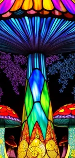 Vibrant and colorful abstract mushroom artwork on a black background.