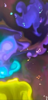 Colorful swirling abstract art with music notes in purple tones.