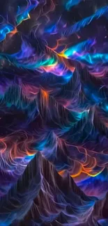 Vibrant abstract night sky with colorful, swirling patterns and mystical mountains.