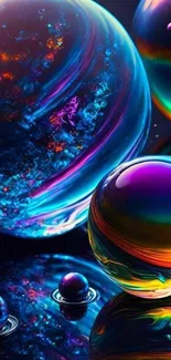 Colorful orbs with neon effects on dark background wallpaper.