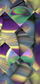 Vibrant abstract pattern with geometric shapes in purple and green hues.