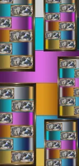 Colorful abstract wallpaper with geometric patterns and shiny textures.