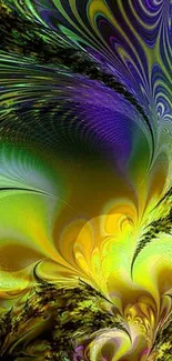 Vibrant abstract yellow and green swirl wallpaper design.