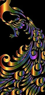 Vibrant abstract peacock on black wallpaper art.