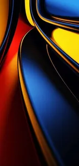 Colorful abstract wallpaper with dynamic curves and bold yellow and blue hues.