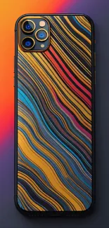 Stylish phone with colorful abstract pattern on a dark slate background.