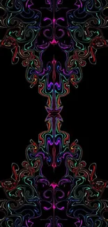 Colorful neon abstract wallpaper with intricate patterns on black.